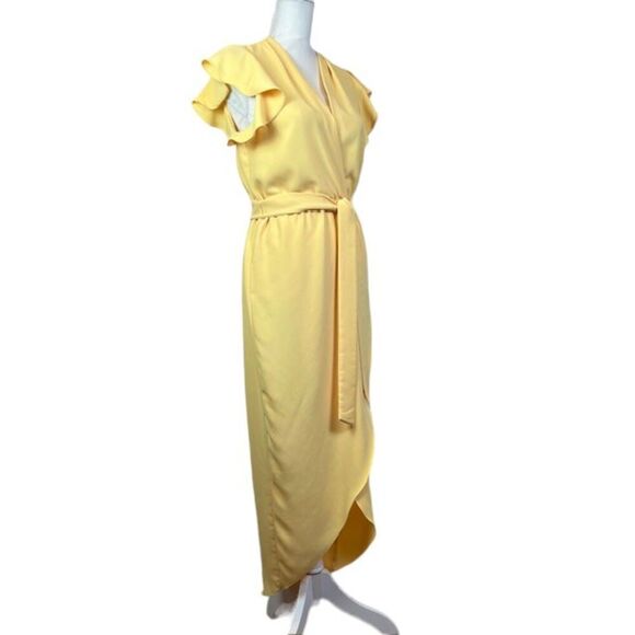 Amanda Uprichard Martinique Dress Yellow Crepe Wrap Look Flutter Sleeve Size S - Picture 2 of 14